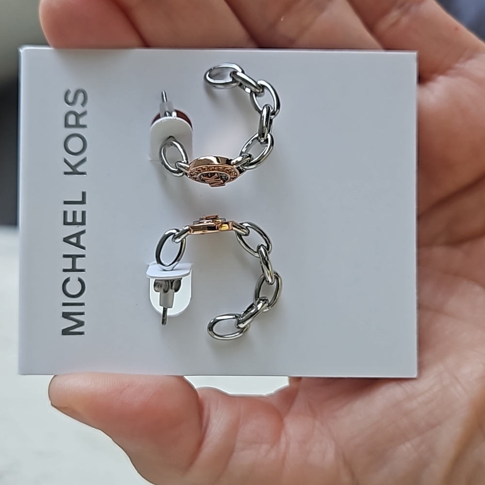 NWT Michael Kors Women's Hoop Chain Earrings Gold & Platinum Crystals Brass